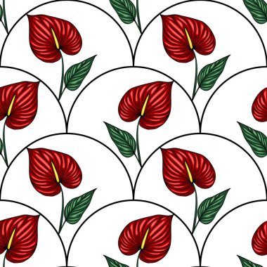 Beyaz bir arkaplanda eşsiz bir yay şeklinde düzenlenmiş stilize kırmızı Anthurium çiçekleri ve yeşil yaprakları olan kusursuz vektör deseni canlı ve zarif bir tasarım yaratıyor..