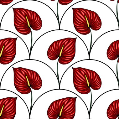 Beyaz bir arkaplanda zarif, kavisli bir kompozisyonda düzenlenmiş zengin kırmızı renkte biçimlendirilmiş Anthurium çiçeklerinin kusursuz vektör deseni gelişmiş bir botanik tasarımı yaratıyor..