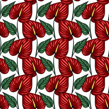 Canlı kırmızı Anthurium çiçekleri ve yeşil yapraklardan oluşan kusursuz vektör deseni, tekstil baskıları veya yaz tasarımları için mükemmel bir tropikal botanik illüstrasyon..