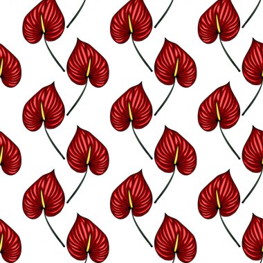Titrek kırmızı Anthurium çiçeklerinin kusursuz vektör deseni, titizlikle elle çizilmiş, tropikal ve egzotik bir hava yaratıyor, tekstil baskıları, duvar kağıtları ve yaz desenleri için mükemmel....