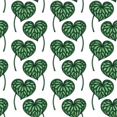 Koyu yeşil renklerde biçimlendirilmiş kalp şeklindeki yaprakların kusursuz vektör deseni, tekstil baskıları, duvar kağıtları ve yüzey dekorasyonu için verimli ve canlı bir botanik tasarımı yaratıyor..