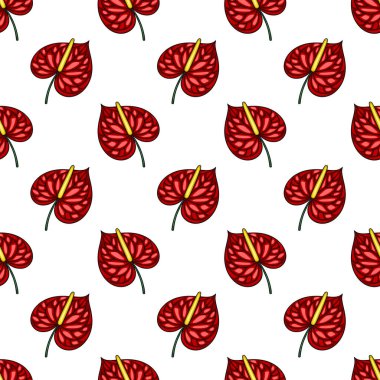 Detaylı deseni ve altın küreği olan canlı kırmızı Anthurium çiçeklerinin kusursuz vektör deseni, tekstil baskıları, duvar kağıtları ve yüzey tasarımları için idealdir..