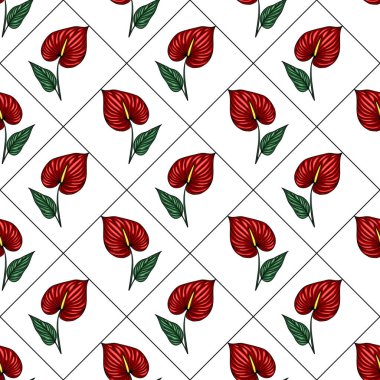 Parlak kırmızı Anthurium çiçeklerinin kusursuz vektör deseni. Beyaz arka planda zarif elmas şebeke şeklinde yeşil yapraklarla düzenlenmiş. Cesur ve egzotik bir tasarım yaratıyor..