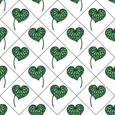 Elmas şebekedeki kalp şeklindeki yaprakların kusursuz vektör deseni, ayrıntılı damar dokuları ve zengin zümrüt yeşili renkleri, tekstil baskıları, ambalaj kağıdı ve dijital tasarım projeleri için ideal..