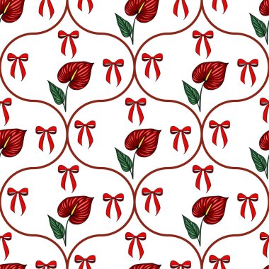 Kırmızı Anthurium çiçekleriyle kusursuz vektör deseni ve beyaz arka planda yaylar, şenlikli ve zarif bir tasarım yaratıyor..