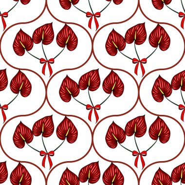 Kırmızı yaylı, biçimlendirilmiş anthurium çiçeklerinin kusursuz vektör deseni beyaz arkaplanda zarif kahverengi kıvrımlar şeklinde düzenlenerek şenlikli ve sofistike bir tasarım yaratıyor..