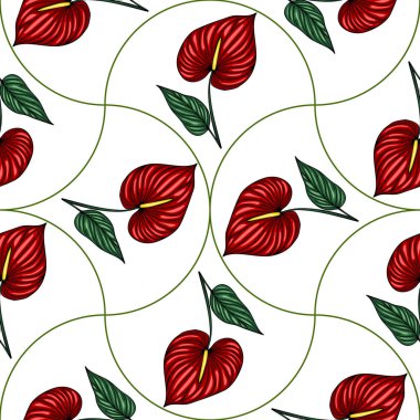 Canlı kırmızı Anthurium çiçekleri ve yeşil yapraklardan oluşan kusursuz vektör deseni, beyaz arka planda eşsiz bir dairesel dizayn, tekstil baskıları, duvar kağıtları ve yüzey tasarımları için mükemmel..