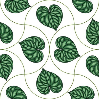 Biçimlendirilmiş kalp şeklindeki yaprakların kusursuz vektör şablonu ayrıntılı bir damar yapısına sahip, beyaz arkaplan üzerinde tekrarlayan bir dizayn ile düzenlenmiş, zarif yeşil eğrilerle bağlanmış..