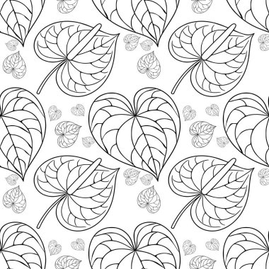 Şekillendirilmiş Anthurium çiçeklerinin kusursuz vektör deseni ve her iki büyük ve küçük yaprağın da tekrarlayan bir dizaynda yer aldığı tek renkli çizgili sanat tarzında yapraklar..