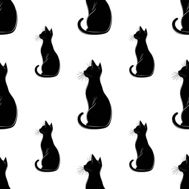 Profil ve arka planda biçimlendirilmiş siyah kedi siluetlerinin kusursuz vektör deseni, minimalist ve zarif bir tasarım oluşturur.