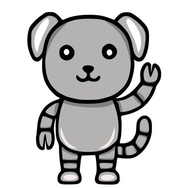 Dost canlısı, gri robotik köpek el sallayarak karikatür ve teknolojik estetiğin eşsiz bir karışımını sergiliyor..