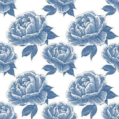 Detaylı mavi şakayıkların kusursuz vektör deseni beyaz arka planda oyulmuş yapraklarla sofistike ve zarif bir çiçek tasarımı yaratıyor..