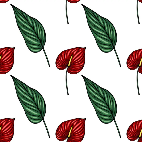 Canlı kırmızı Anthurium çiçeklerinden ve yemyeşil yapraklardan oluşan kusursuz vektör deseni, tekstil baskıları, duvar kağıtları ve yüzey dekorasyonları için ideal bir tropikal tasarım yaratıyor..