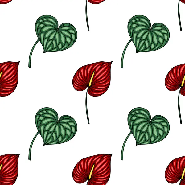 Canlı kırmızı Anthurium çiçekleri ve kalp şeklindeki yeşil yaprakları içeren kusursuz vektör deseni, tekstil baskıları, duvar kağıtları ve ambalaj için ideal cesur ve tropikal bir tasarım yaratıyor..
