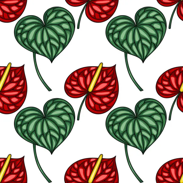 Şekillendirilmiş Anthurium çiçeklerinin kusursuz vektör deseni ve canlı kırmızı ve yeşil kalp şeklinde yapraklar, tekstil baskıları, duvar kağıtları ve dekoratif tasarımlar için mükemmel..