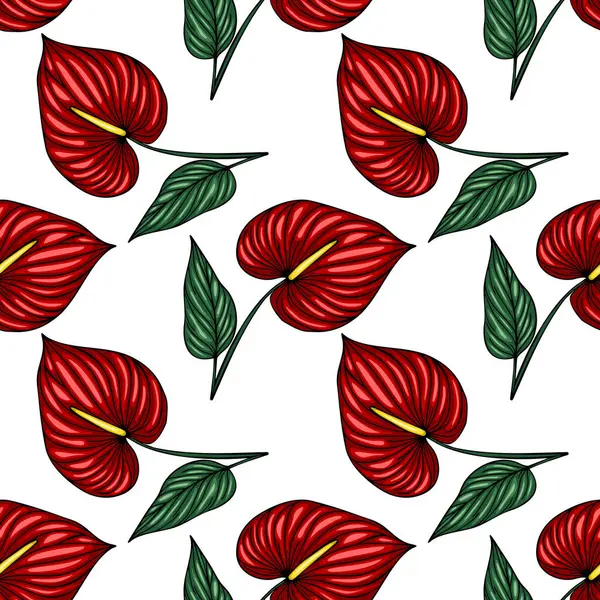 Canlı kırmızı Anthurium çiçekleri ve yeşil yaprakların kusursuz vektör deseni, tekstil tasarımı veya yaz temalı projeler için mükemmel bir tropikal botanik illüstrasyon.