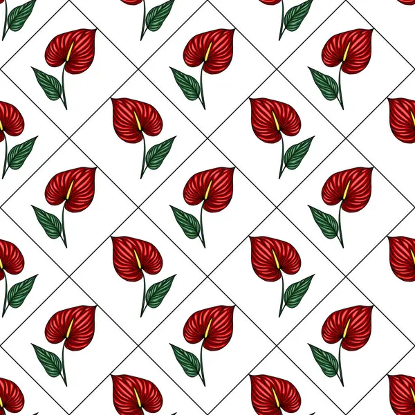 Parlak kırmızı Anthurium çiçeklerinin kusursuz vektör deseni. Beyaz arka planda zarif elmas şebeke şeklinde yeşil yapraklarla düzenlenmiş. Cesur ve egzotik bir tasarım yaratıyor..