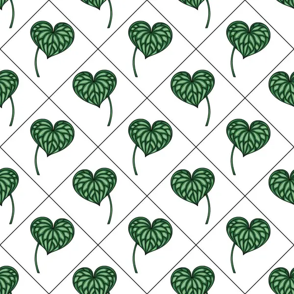 Elmas şebekedeki kalp şeklindeki yaprakların kusursuz vektör deseni, ayrıntılı damar dokuları ve zengin zümrüt yeşili renkleri, tekstil baskıları, ambalaj kağıdı ve dijital tasarım projeleri için ideal..