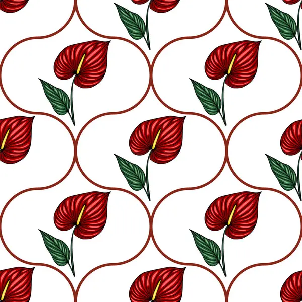 Pürüzsüz vektör deseni, koyu yeşil yapraklı canlı kırmızı Anthurium çiçekleri içerir. Beyaz arkaplanda tekrarlanan kahverengi kavisli çizgi dizaynı içinde zarif bir şekilde düzenlenmiştir..