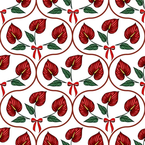 Kırmızı fiyonklu, parlak kırmızı Anthurium çiçeklerinin kusursuz vektör deseni ve beyaz arka planda kahverengi kıvrımlar, şenlikli ve zarif bir tasarım yaratıyor..