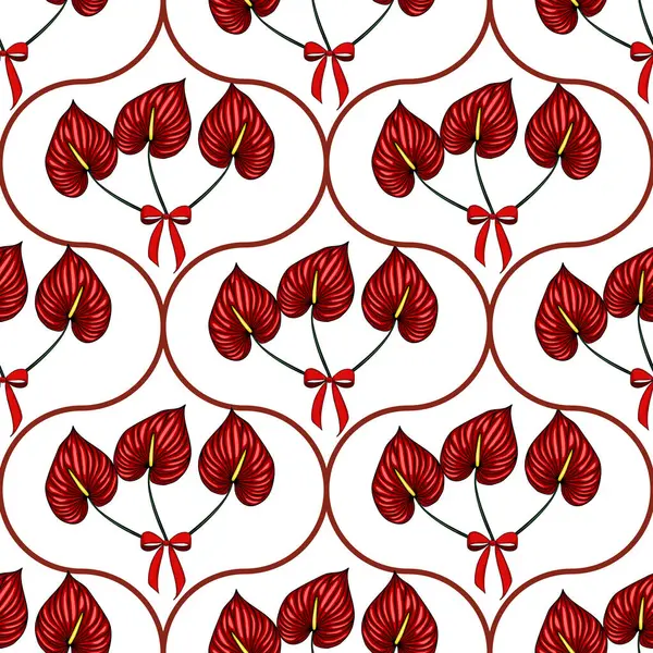 Kırmızı yaylı, biçimlendirilmiş anthurium çiçeklerinin kusursuz vektör deseni beyaz arkaplanda zarif kahverengi kıvrımlar şeklinde düzenlenerek şenlikli ve sofistike bir tasarım yaratıyor..