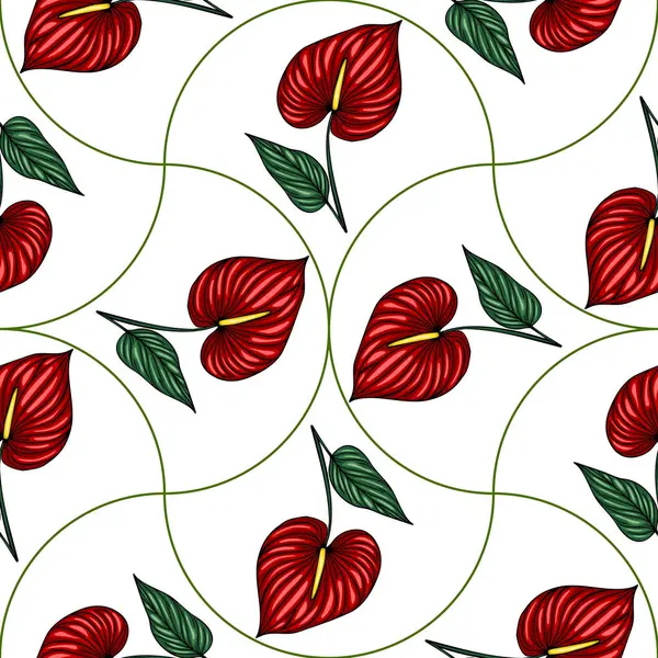 Canlı kırmızı Anthurium çiçekleri ve yeşil yapraklardan oluşan kusursuz vektör deseni, beyaz arka planda eşsiz bir dairesel dizayn, tekstil baskıları, duvar kağıtları ve yüzey tasarımları için mükemmel..