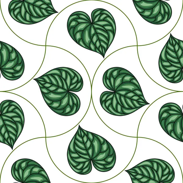 Biçimlendirilmiş kalp şeklindeki yaprakların kusursuz vektör şablonu ayrıntılı bir damar yapısına sahip, beyaz arkaplan üzerinde tekrarlayan bir dizayn ile düzenlenmiş, zarif yeşil eğrilerle bağlanmış..