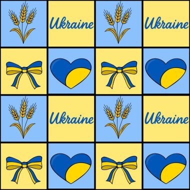 Ukrayna sembolleri içeren kusursuz vektör deseni: buğday, ulusal renklerde kalpler ve pastel mavi ve sarı arka planda kareli bir dizayn ile dizilmiş yaylar.