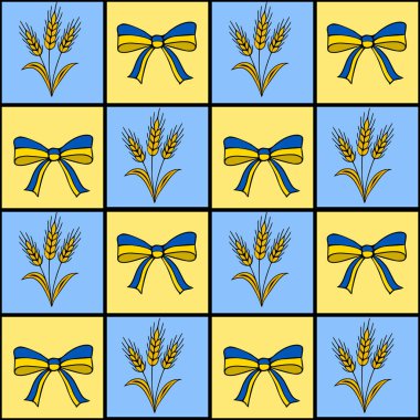 Buğday sapları ve Ukrayna renginde fiyonklarla süslenmiş değişken mavi ve sarı kareler içeren kusursuz vektör deseni neşeli ve vatansever bir tasarım yaratıyor..