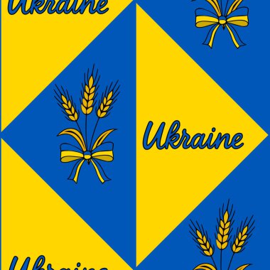 Sarı ve mavi üçgenlerin geometrik düzenini içeren kusursuz vektör deseni, Ukrayna ulusal renklerinde kurdelelerle bağlanmış buğday sapları ve Ukrayna sözcüğü...