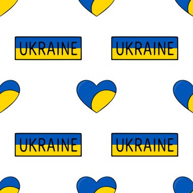 Ukraynalı kalpler ve UKRAINE metin blokları içeren kusursuz vektör deseni, vatansever projeler veya tekstil baskıları için ideal bir tasarım..
