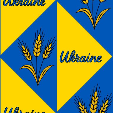 Mavi ve sarı geometrik bir tasarım içeren kusursuz bir vektör deseni, stilize buğday sapları ve Ukrayna kelimesinin birleşimi, canlı ve sembolik bir tekstil veya duvar kağıdı tasarımı oluşturur..