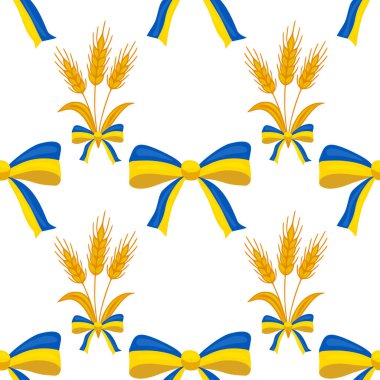 Buğday sapları ve Ukrayna bayrağı renkli fiyonkları içeren kusursuz vektör deseni, çeşitli uygulamalar için şenlikli ve vatansever bir tasarım yaratıyor..