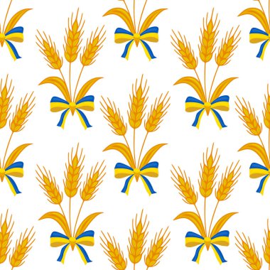 Altın buğday kulakları ve mavi-sarı yayların kusursuz vektör deseni Ukrayna ulusal renklerini ve hasat bolluğunu sembolize ediyor..