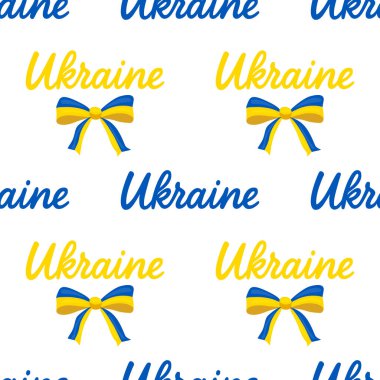 Mavili ve sarı renkli Ukrayna harfleri içeren kusursuz bir vektör deseni ulusal renklerde yaylarla birleşerek canlı ve vatansever bir tasarım yaratıyor..