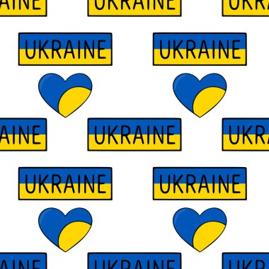 Ukrayna bayrak kalplerini ve Ukrayna 'yı cesur, el yapımı bir metni içeren kusursuz vektör deseni vatansever ve neşeli bir tasarım yaratıyor..