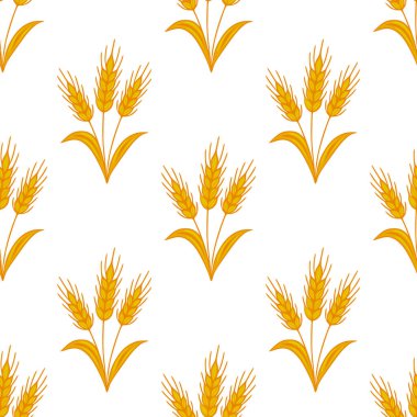 Biçimlendirilmiş altın buğday saplarını saf beyaz bir zemin üzerinde barındıran kusursuz bir vektör deseni, hasat temalı tasarımlar veya sonbahar projeleri için ideal.