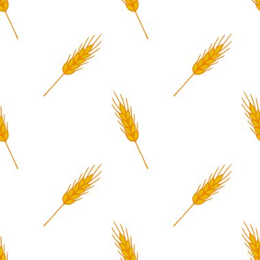 Beyaz arka planda biçimli altın buğday kulaklarının kusursuz vektör deseni, sonbahar hasat tasarımı projeleri için idealdir..