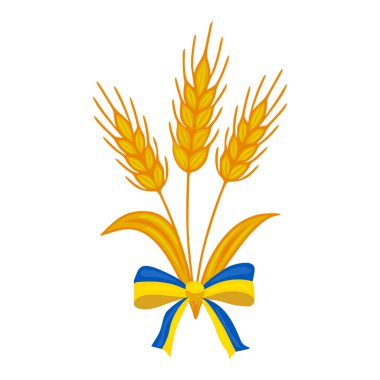 Mavi ve sarı kurdeleli üç altın buğday sapının büyüleyici bir temsili, hasat ve ulusal gururu sembolize ediyor..