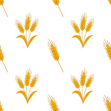 Beyaz arka planda tekrarlanan dizayn edilmiş, güz temaları ve hasat kutlamaları için ideal, biçimlendirilmiş altın buğday sapları içeren kusursuz bir vektör deseni..