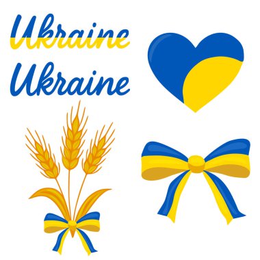 Ukrayna bayrağının renklerini taşıyan canlı bir vektör illüstrasyonu bir kalpte, buğday saplarında ve yaylarda, stilize Ukrayna metni eşliğinde.