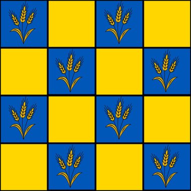 Mavi ve sarı renkli arka planda biçimli buğday kulaklı kusursuz vektör deseni, çeşitli uygulamalar için eşsiz bir tasarım sunar.