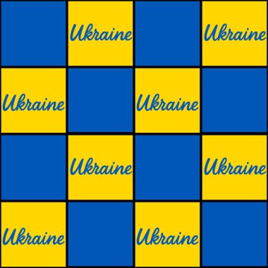 Dama tahtası deseninde parlak sarı ve mavi renkte kusursuz bir vektör deseni var. Ukrayna kelimesi her sarı kare boyunca zarif bir şekilde mavi ile yazılmış..