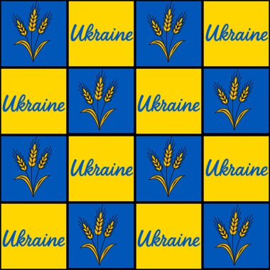 Buğday saplarının ve Ukrayna kelimesinin Ukrayna ulusal renkleri ve tarımını temsil eden sarı ve mavi kareler üzerinde mavi yazıyla tekrarlanan bir tasarımı içeren kusursuz vektör deseni...