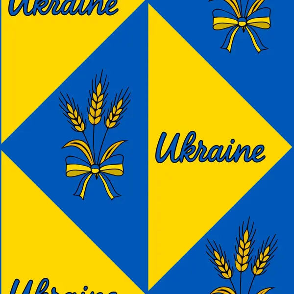 Sarı ve mavi üçgenlerin geometrik düzenini içeren kusursuz vektör deseni, Ukrayna ulusal renklerinde kurdelelerle bağlanmış buğday sapları ve Ukrayna sözcüğü...