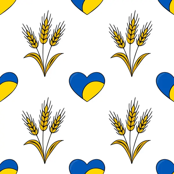 Buğday sapları ve Ukrayna bayrak kalpleri içeren kusursuz vektör deseni, çeşitli uygulamalar için canlı ve sembolik bir tasarım yaratıyor..