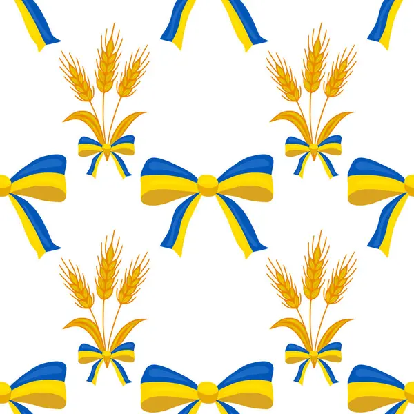 Buğday sapları ve Ukrayna bayrağı renkli fiyonkları içeren kusursuz vektör deseni, çeşitli uygulamalar için şenlikli ve vatansever bir tasarım yaratıyor..