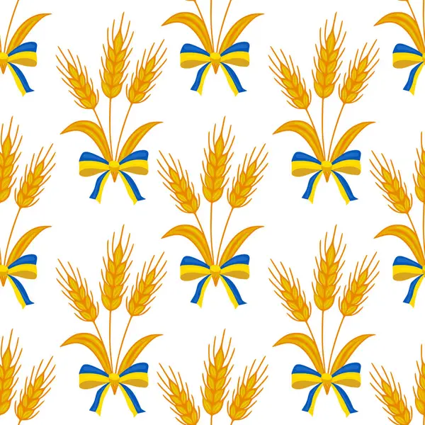 Altın buğday kulakları ve mavi-sarı yayların kusursuz vektör deseni Ukrayna ulusal renklerini ve hasat bolluğunu sembolize ediyor..