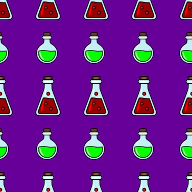 Kırmızı ve yeşil sıvılı karikatür mataraları içeren kusursuz vektör deseni, Cadılar Bayramı veya bilim temalı tasarımlar için mükemmel..