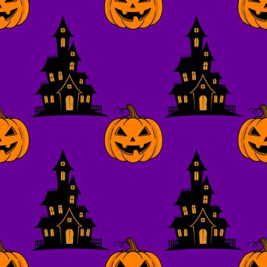 Ürkütücü evleri ve parlak mor arka planda sırıtan balkabaklarıyla kusursuz bir Cadılar Bayramı deseni. Festival tasarımları için mükemmel..